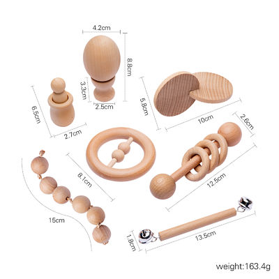 Il grafico crepita 7Pc Teether di legno per l'anello mettente i denti di legno del bambino
