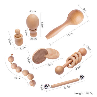 Il grafico crepita 7Pc Teether di legno per l'anello mettente i denti di legno del bambino