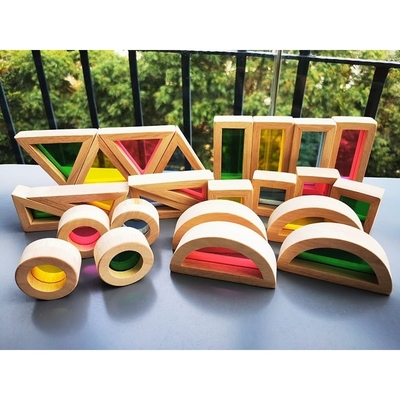 Legno di gomma solido di legno di Montessori Toy Sensory Rainbow Mirror Blocks dei bambini che impila l'impilatore acrilico di Buliding educativo