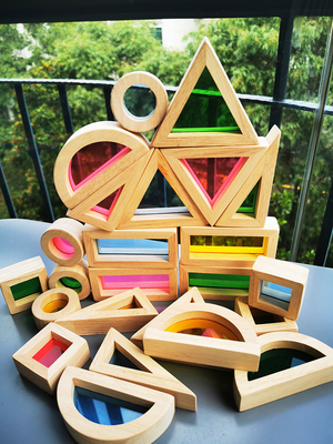 Legno di gomma solido di legno di Montessori Toy Sensory Rainbow Mirror Blocks dei bambini che impila l'impilatore acrilico di Buliding educativo