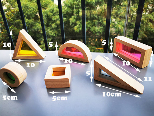 Legno di gomma solido di legno di Montessori Toy Sensory Rainbow Mirror Blocks dei bambini che impila l'impilatore acrilico di Buliding educativo