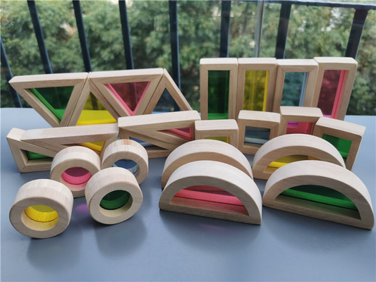 Legno di gomma solido di legno di Montessori Toy Sensory Rainbow Mirror Blocks dei bambini che impila l'impilatore acrilico di Buliding educativo