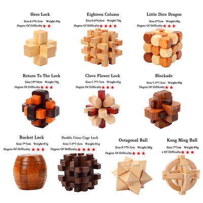 Gioco di legno di puzzle di quoziente d'intelligenza di Kong Ming Puzzles Set Luban Lock per il giocattolo adulto del gioco di grado dei livelli di Brain Teaser 3 dell'uccisore di tempo dei bambini