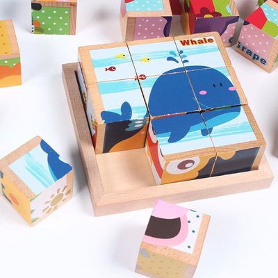 cubi a sei facce educativi delle particelle elementari di legno 3D per i bambini