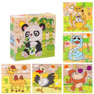 Il blocchetto di legno del bambino gioca la frutta animale in anticipo imparando sei puzzle del cubo del lato 3D