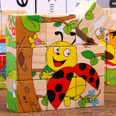 Il blocchetto di legno del bambino gioca la frutta animale in anticipo imparando sei puzzle del cubo del lato 3D
