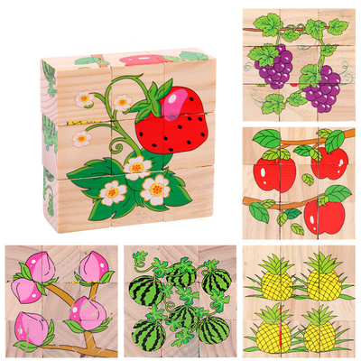 Il blocchetto di legno del bambino gioca la frutta animale in anticipo imparando sei puzzle del cubo del lato 3D