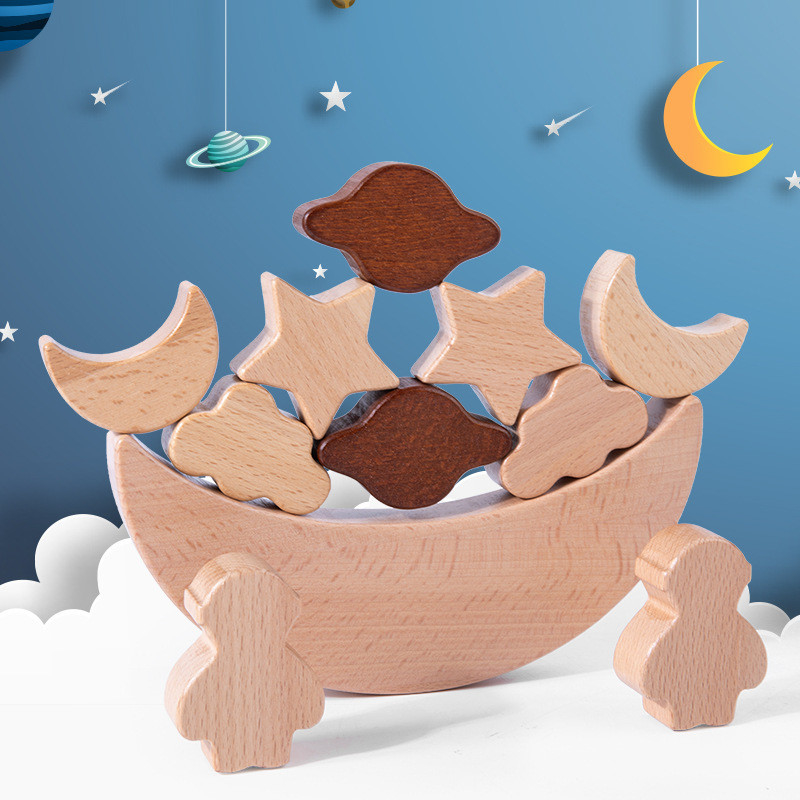 La luna di legno delle stelle dei blocchetti dei giocattoli educativi dei bambini di Montessori ha impilato il contro di legno di Toy Diy Baby Balance Training dei blocchi